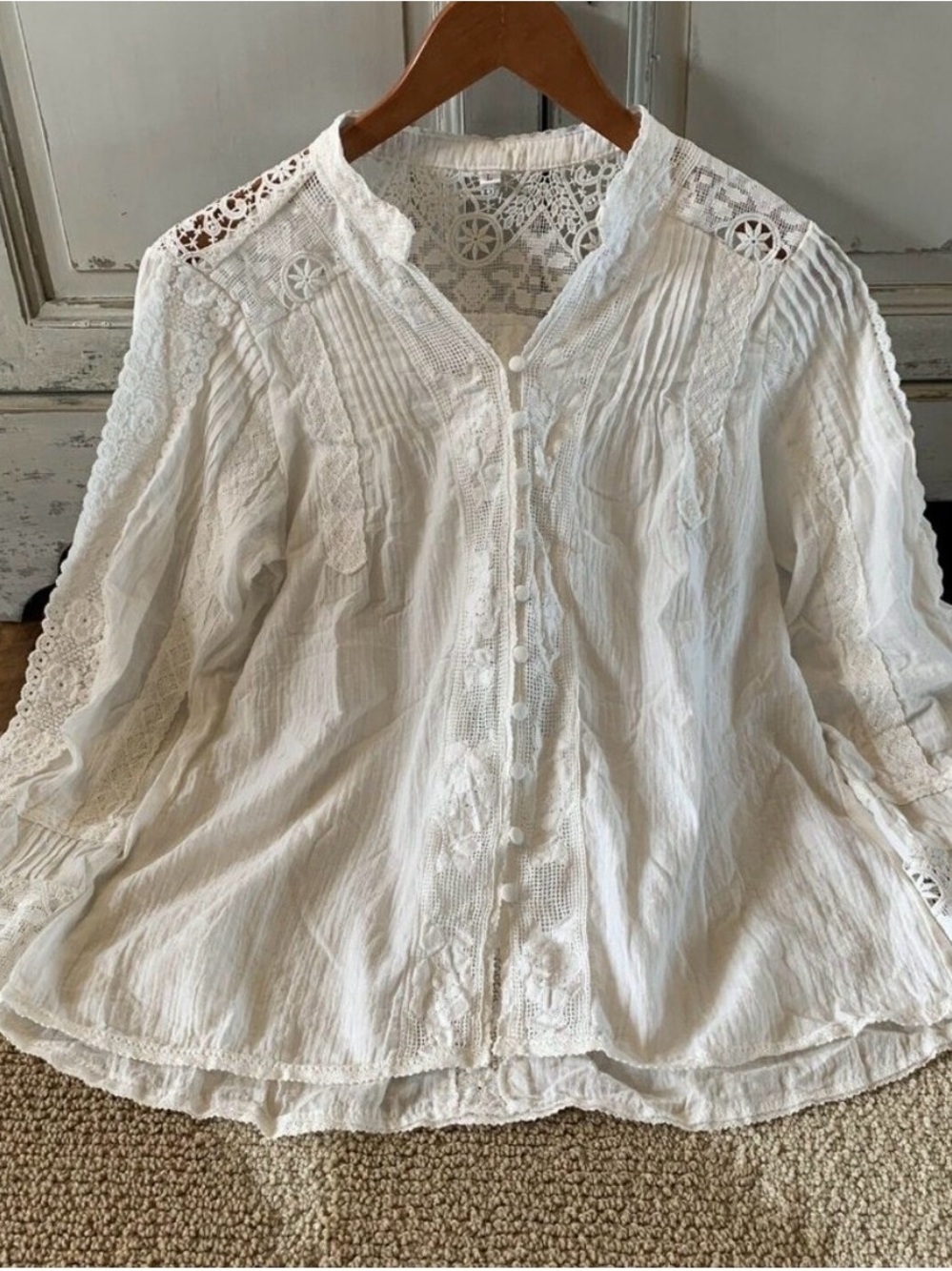New White Lace Long Sleeve Western Boho Blouse Top Button Front Vintage MCM